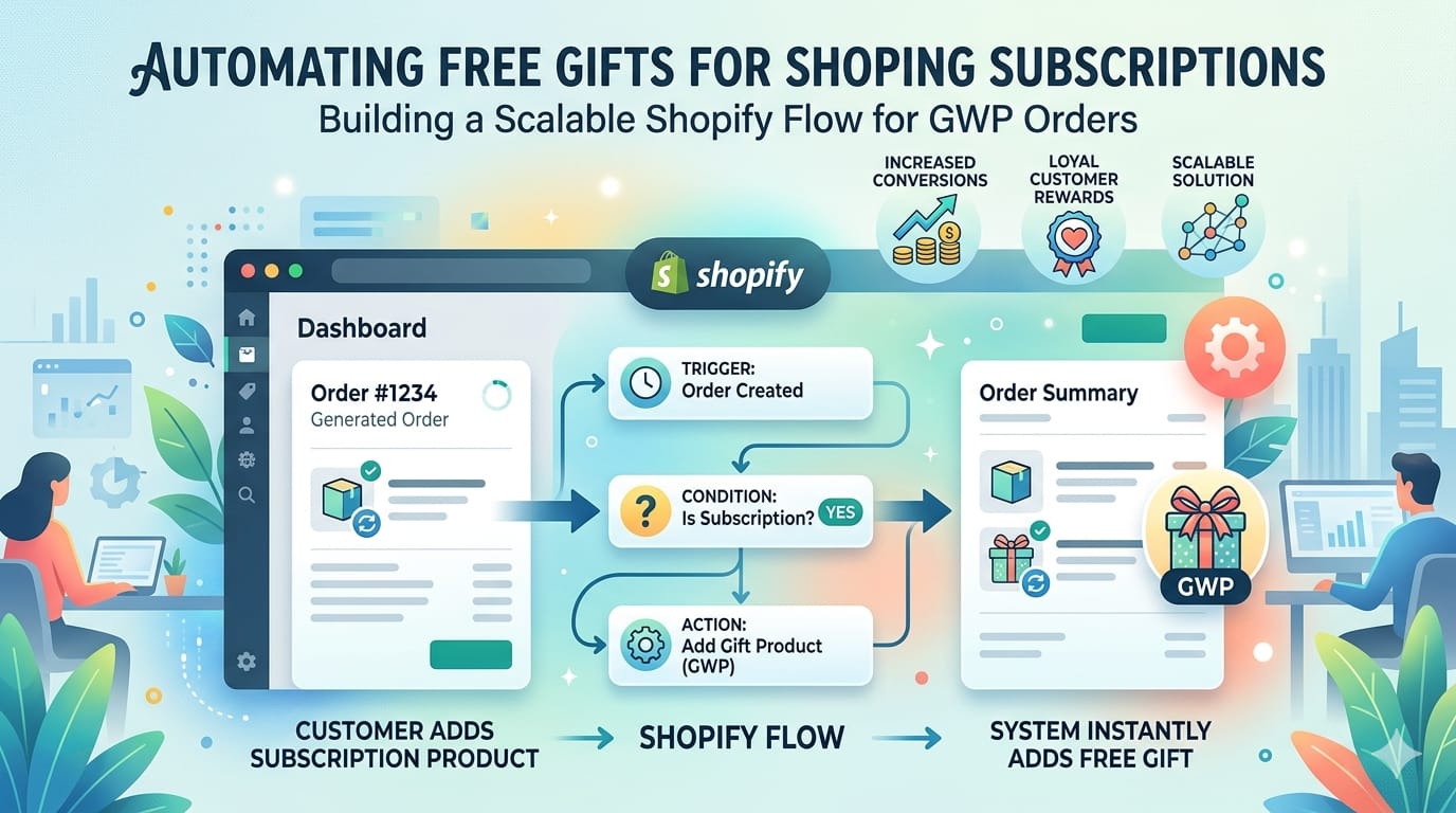 Diagrama do Shopify Flow: pedido criado, checagem de assinatura e adição automática do brinde